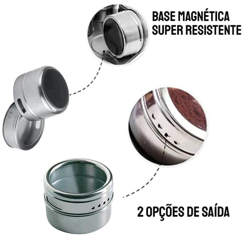 Porta Tempero Inox Magnético Com Imã Para Geladeira e Suporte